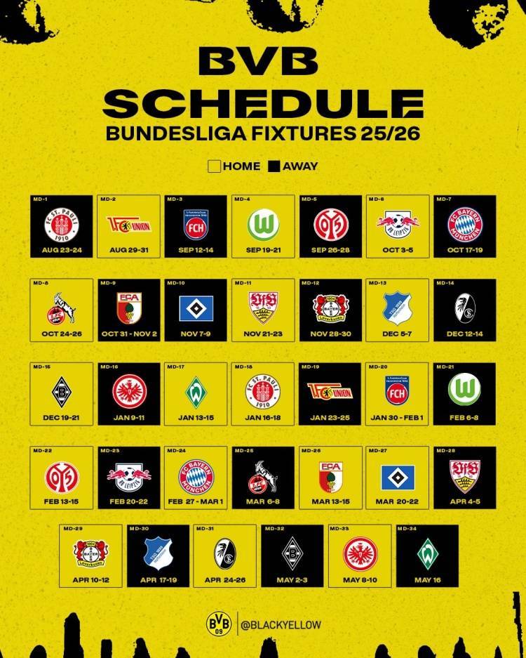 多特新賽(sài)季德甲賽(sài)程:首轮客战圣保利,10月中旬对阵拜仁