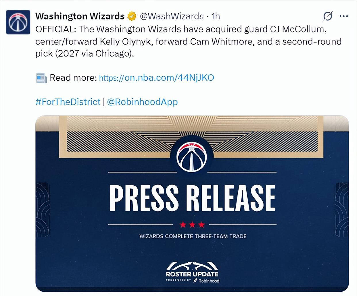 华盛顿奇才(cái)宣佈(bù)欢迎新成员加盟 致谢前隊(duì)员奠定基石